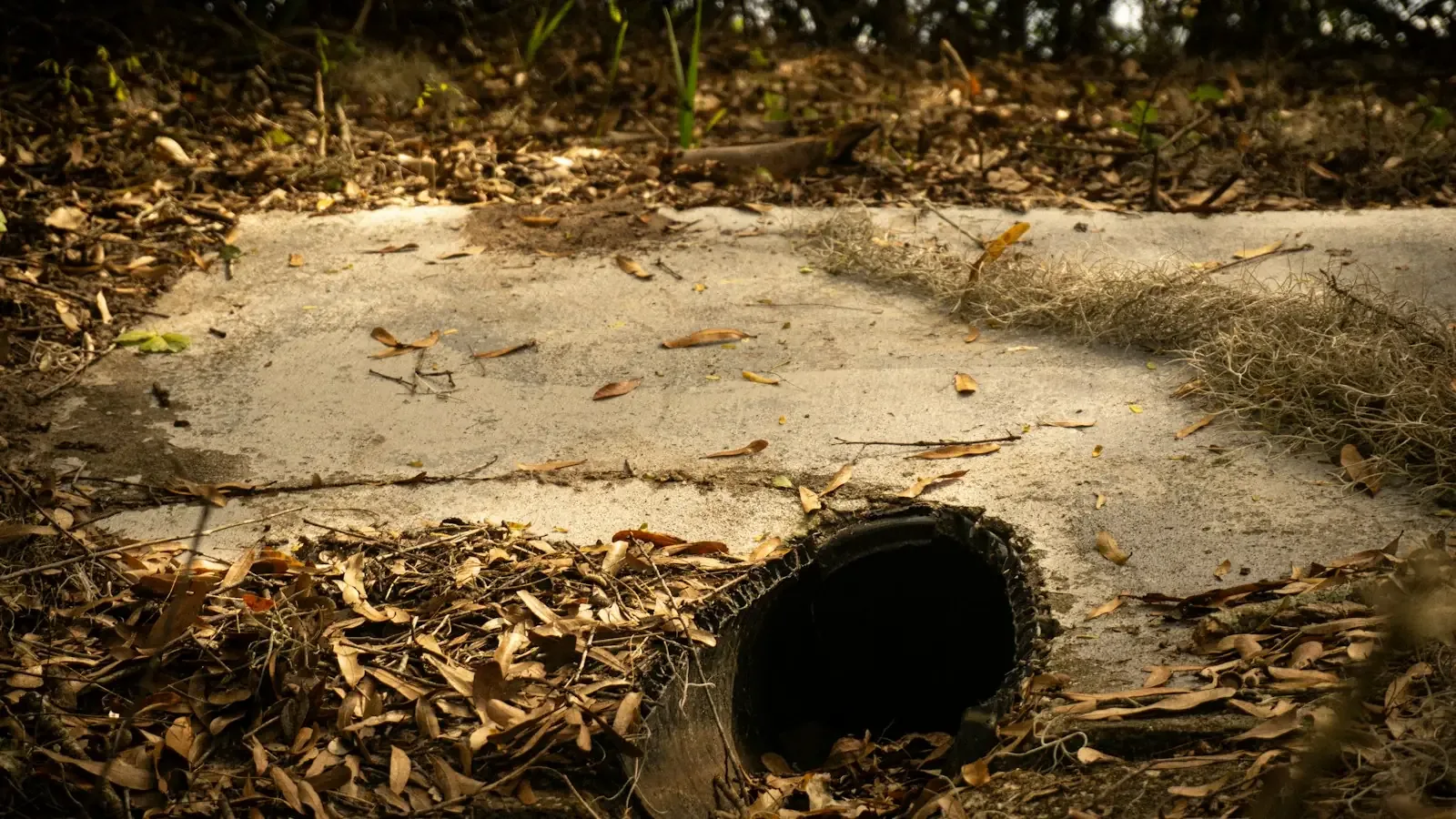 A dark pipe opening on a concrete pad half buried in dry leaves